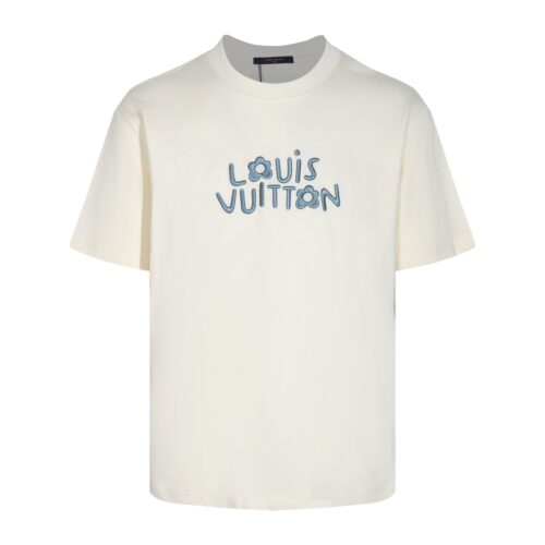 6197f564.jpg LV White T-shirt Blue Floral Logo